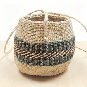 Vintage Hand Woven Milulu Grass Beige Green Blue Basket Kitchen Storage Planter